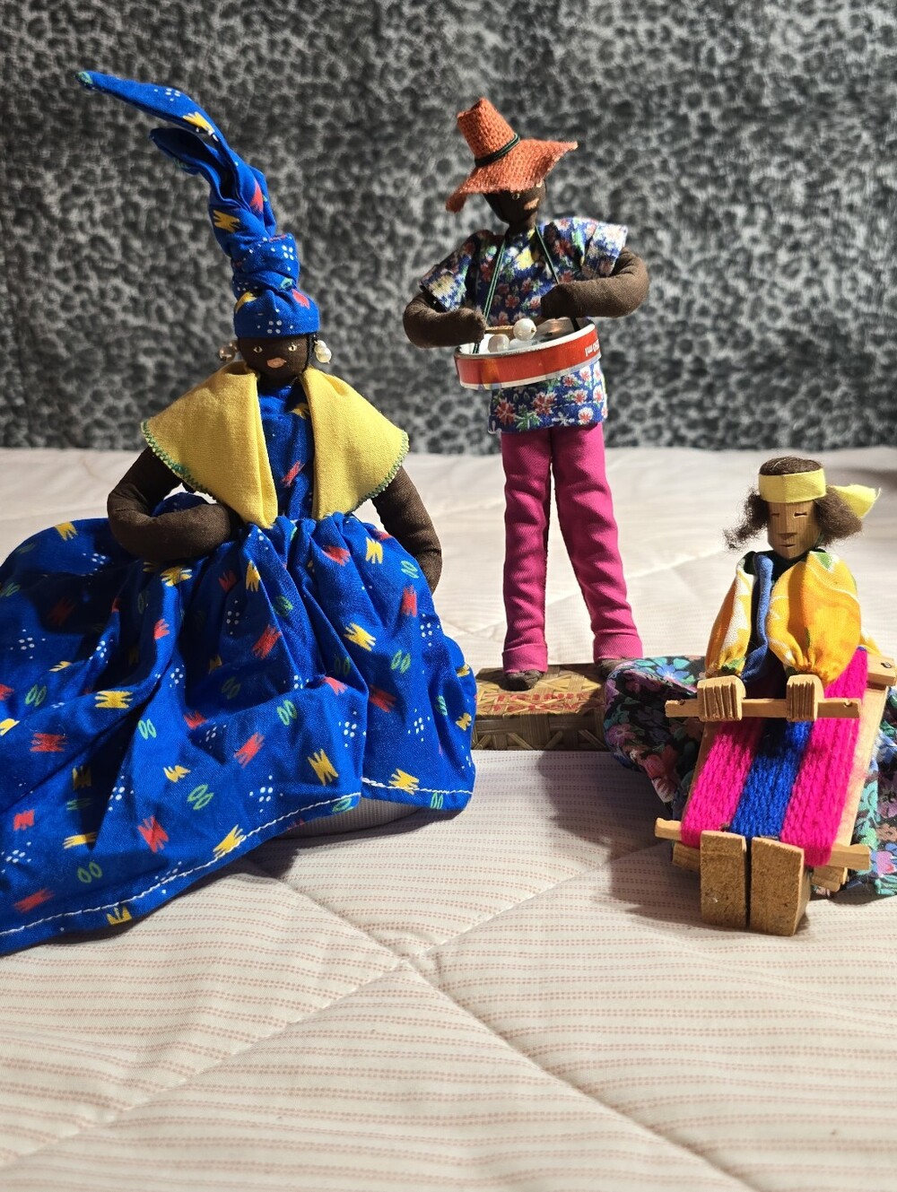 Vintage Handmage  Folk Art Dolls Set Of 3 Trinidad Dress Musician Loom